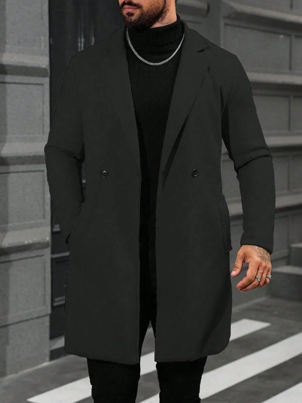Black Casual Men's Double Breasted Long Sleeve Overcoat